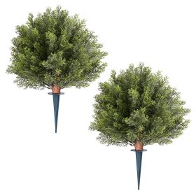Artificial Topiary Cypress Trees with Ground Spike, 16 inch 2 Set Faux Shrubs & Bushes Potted Plants